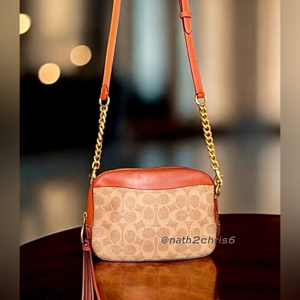 COACH Logo Print & Leather Camera Bag in Brown/Rust Burnished leather. - Picture 3 of 16